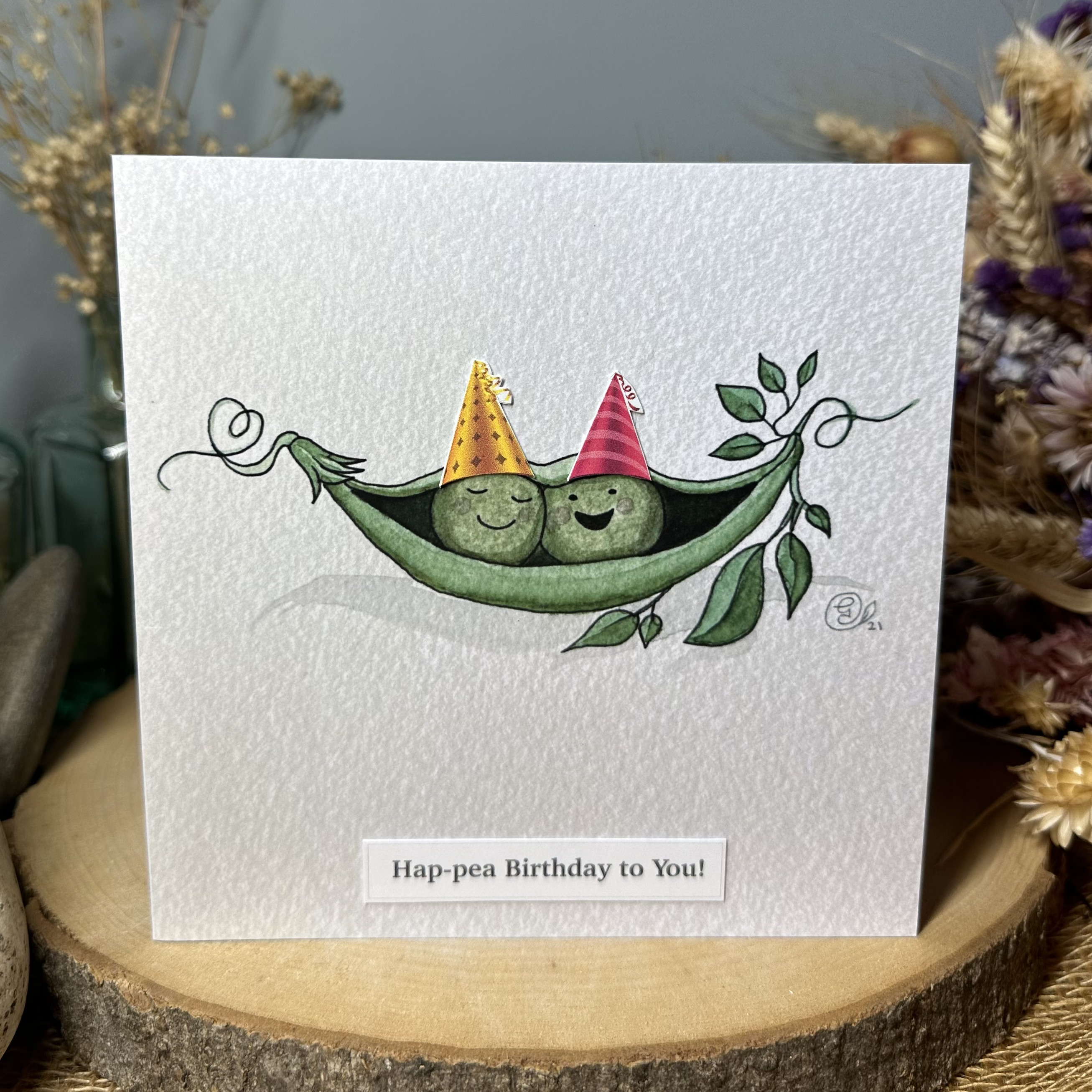 Hap-pea Pink Hat Birthday Card